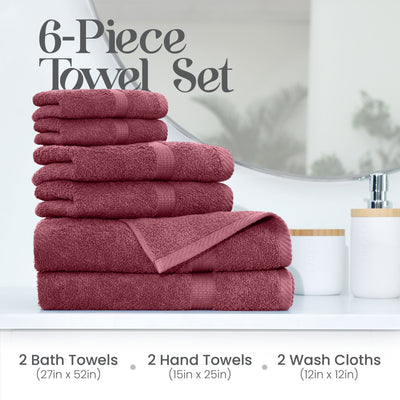 Soft red 6-piece towel set with bath towels, hand towels, and wash cloths on a bathroom counter.