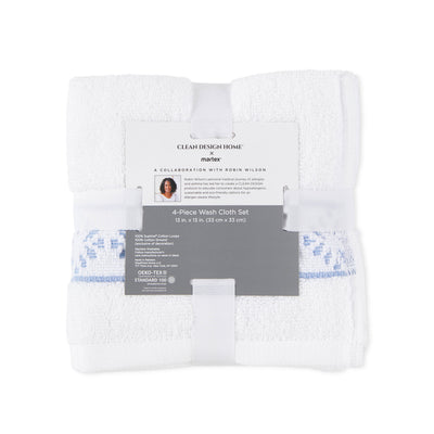 Four-piece wash cloth set in white with blue accents, neatly packaged with a label detailing product information.