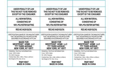 Fabric label with text and specifications on a white background