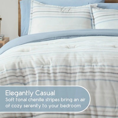 Striped comforter bedding set with text describing its cozy and serene effect.