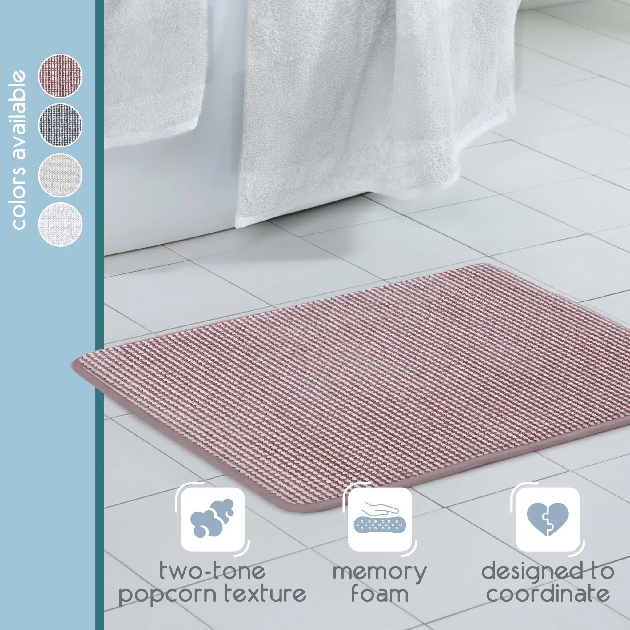 A rectangular berry color bath rug is shown on a white tiled bathroom floor next to a bathtub with a white towel. A vertical sidebar on the left lists available colors, and three feature icons at the bottom mention two-tone popcorn texture, memory foam, and designed to coordinate.
