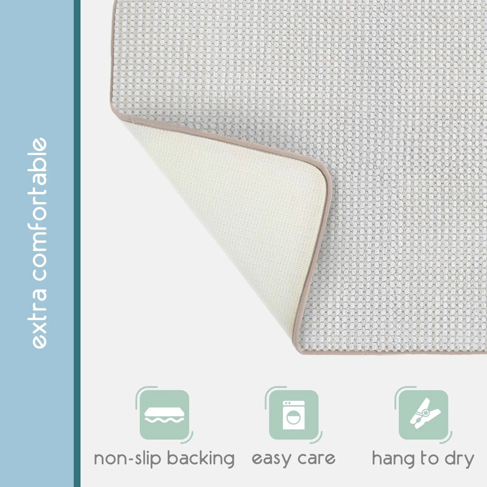 A close-up of a sand textured bath rug with a folded corner, set against a white background with a blue vertical sidebar containing text and care icons.