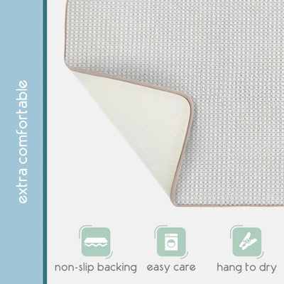 A close-up of a sand textured bath rug with a folded corner, set against a white background with a blue vertical sidebar containing text and care icons.
