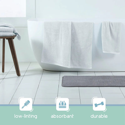 A black bath rug on the floor and three feature icons below reading low-linting, absorbent, and durable.