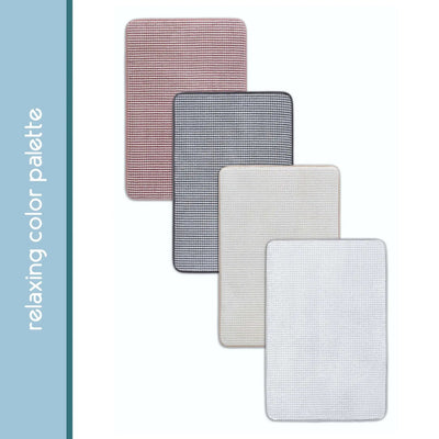 Four rectangular textured rugs arranged in a staggered stack on a white background, with a vertical blue sidebar on the left reading 'relaxing color palette.'