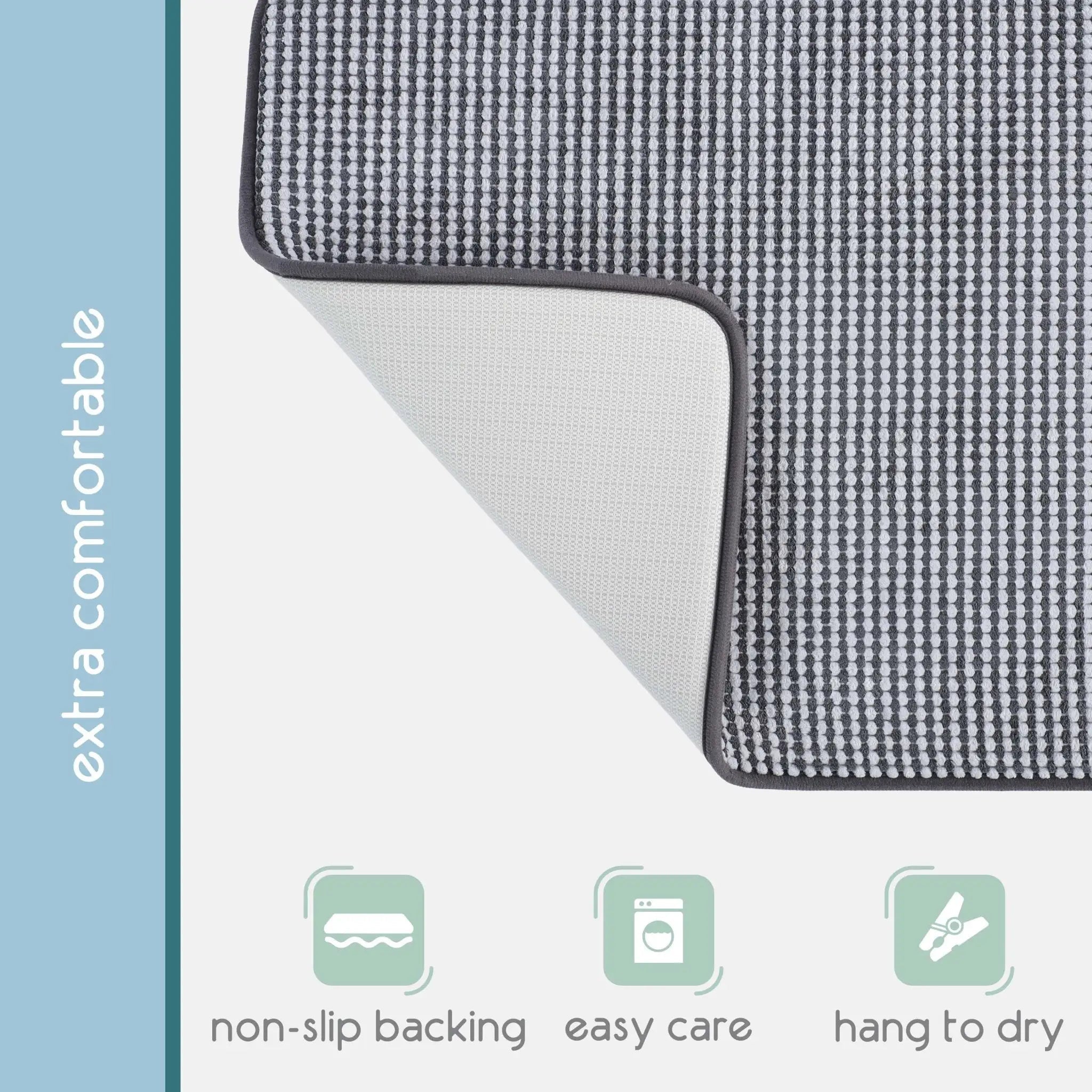 A close-up of a black bath rug, shown with a folded corner to reveal the backing. A vertical blue-gray sidebar reads 'extra comfortable,' and three pale green icons at the bottom indicate non-slip backing, easy care, and hang-to-dry feature.