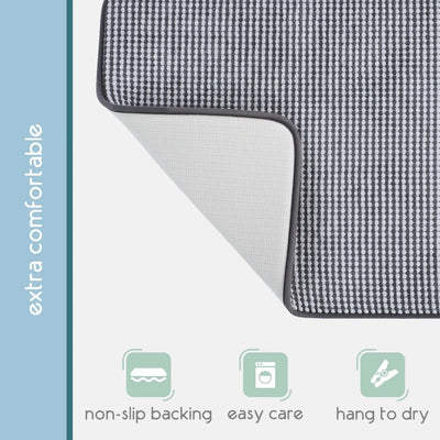 A close-up of a black bath rug, shown with a folded corner to reveal the backing. A vertical blue-gray sidebar reads 'extra comfortable,' and three pale green icons at the bottom indicate non-slip backing, easy care, and hang-to-dry feature.
