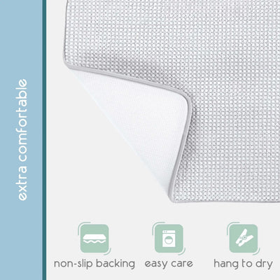 A close-up of a light gray textured tub mat with a folded corner showing a white backing, on a white background with a blue vertical sidebar. Text and icons read 'extra comfortable', 'non-slip backing', 'easy care', and 'hang to dry'.
