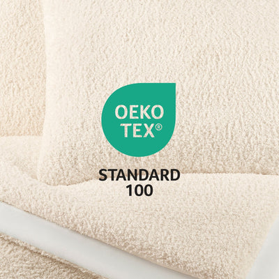 OEKO-TEX Standard 100 logo on a textured beige fabric background