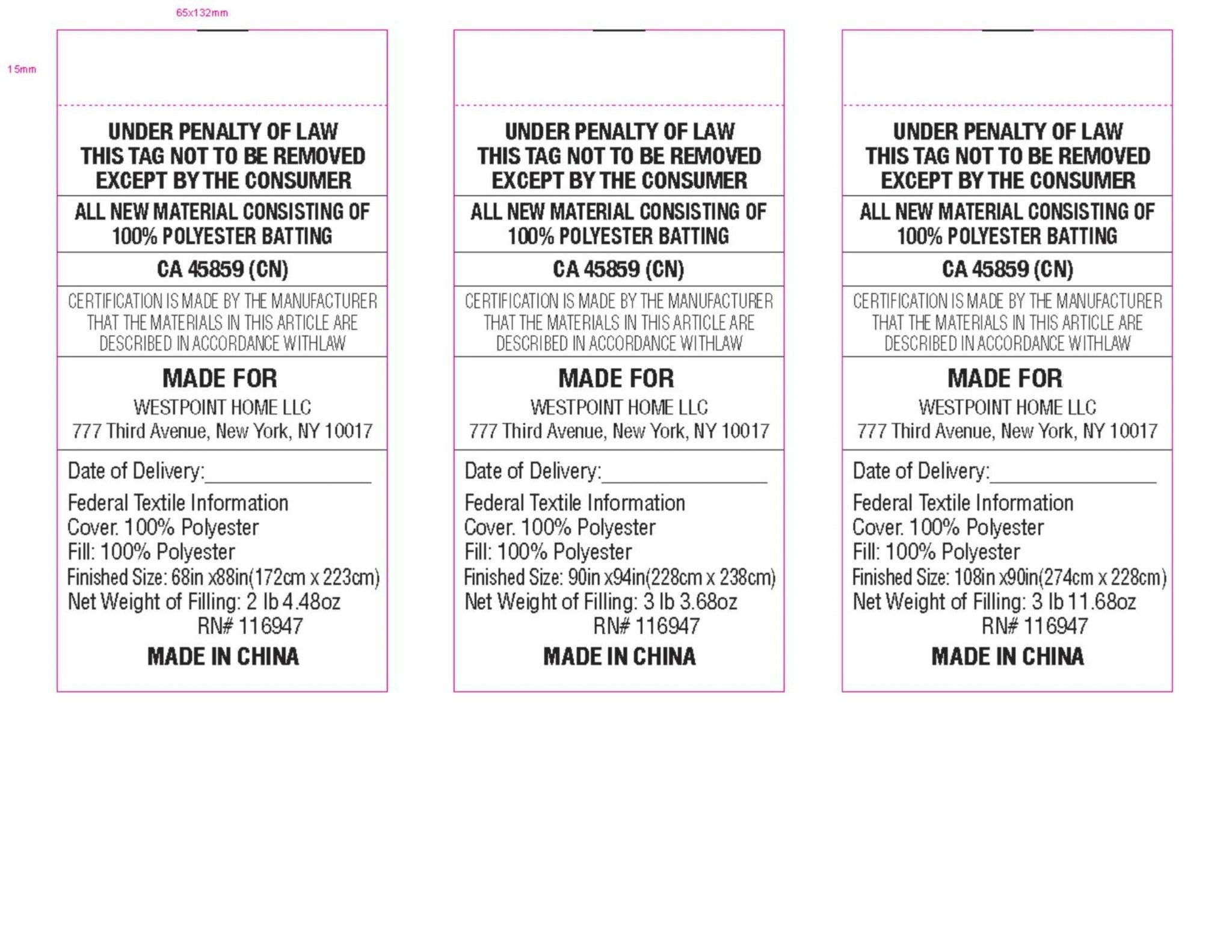 Three identical labels with text and product information on a white background