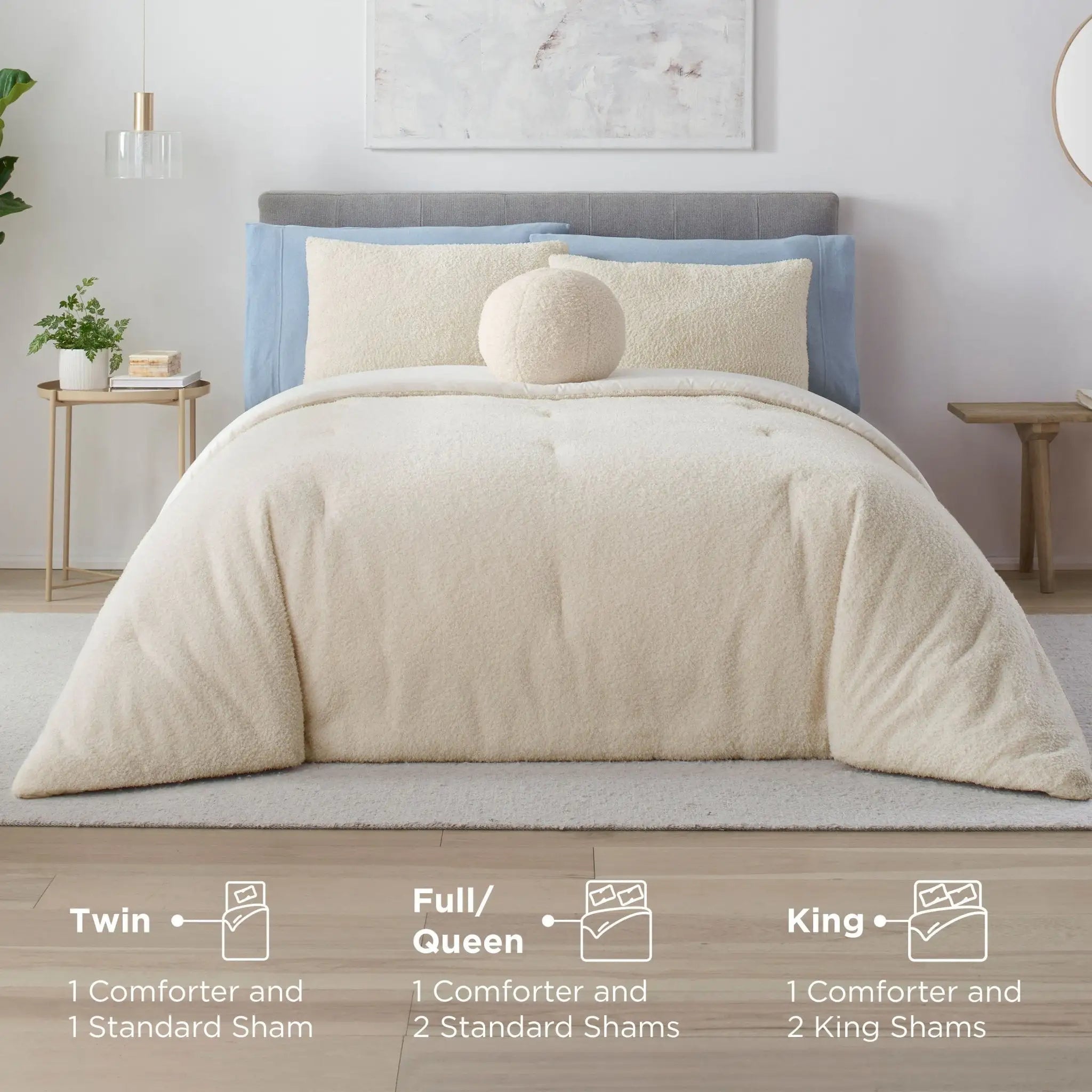 A plush cream sherpa fleece comforter set styled on a bed in a modern bedroom. Text overlays at the bottom specify bedding sizes for Twin, Full/Queen, and King.
