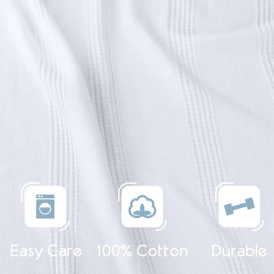 Close-up of a white textured blanket with stitched grooves and three feature icons reading Easy Care, 100% Cotton, and Durable.