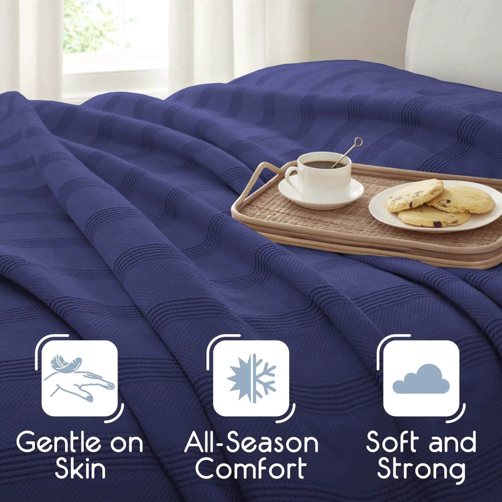 A navy-blue textured blanket draped over a bed in a softly lit bedroom scene. Three feature callouts at the bottom read 'Gentle on Skin,' 'All-Season Comfort,' and 'Soft and Strong.