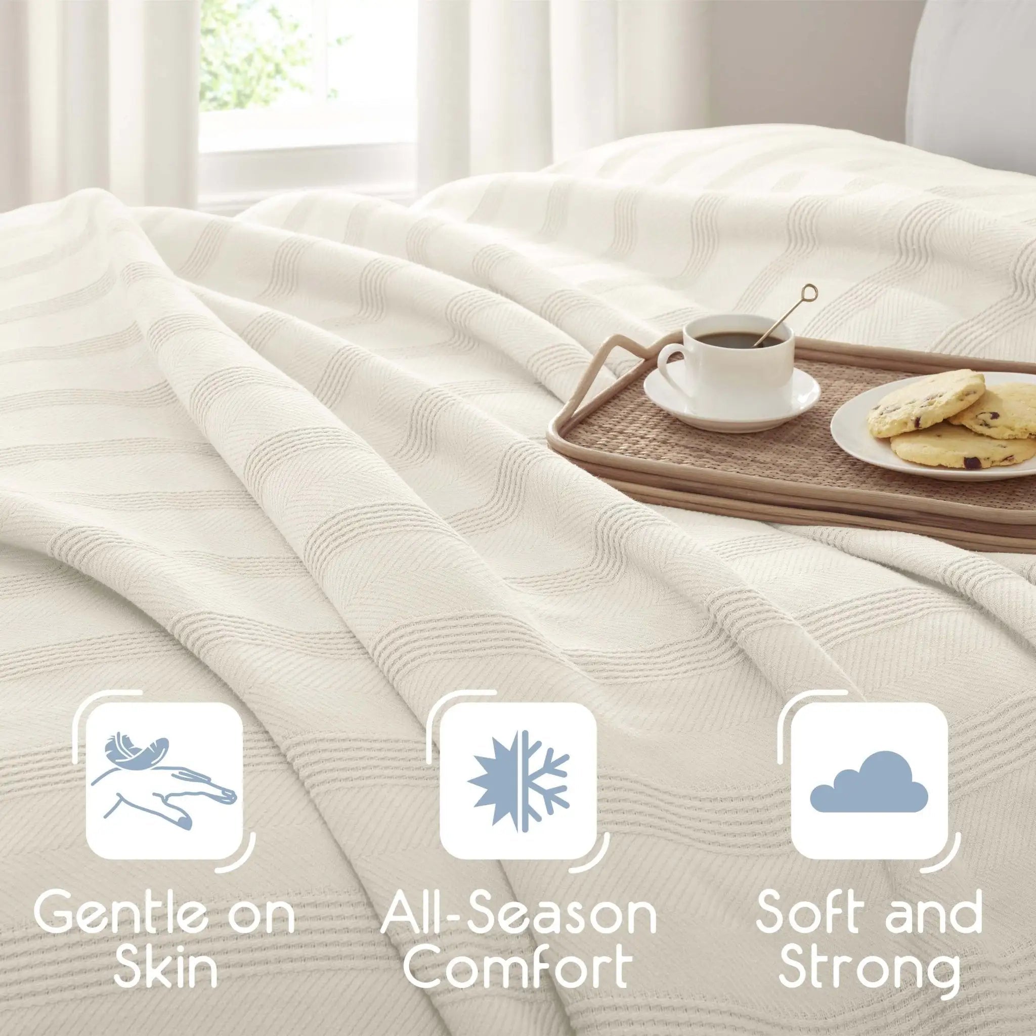 ivory textured blanket on a bed with a tray of coffee and cookies, featuring icons and text about comfort and softness.