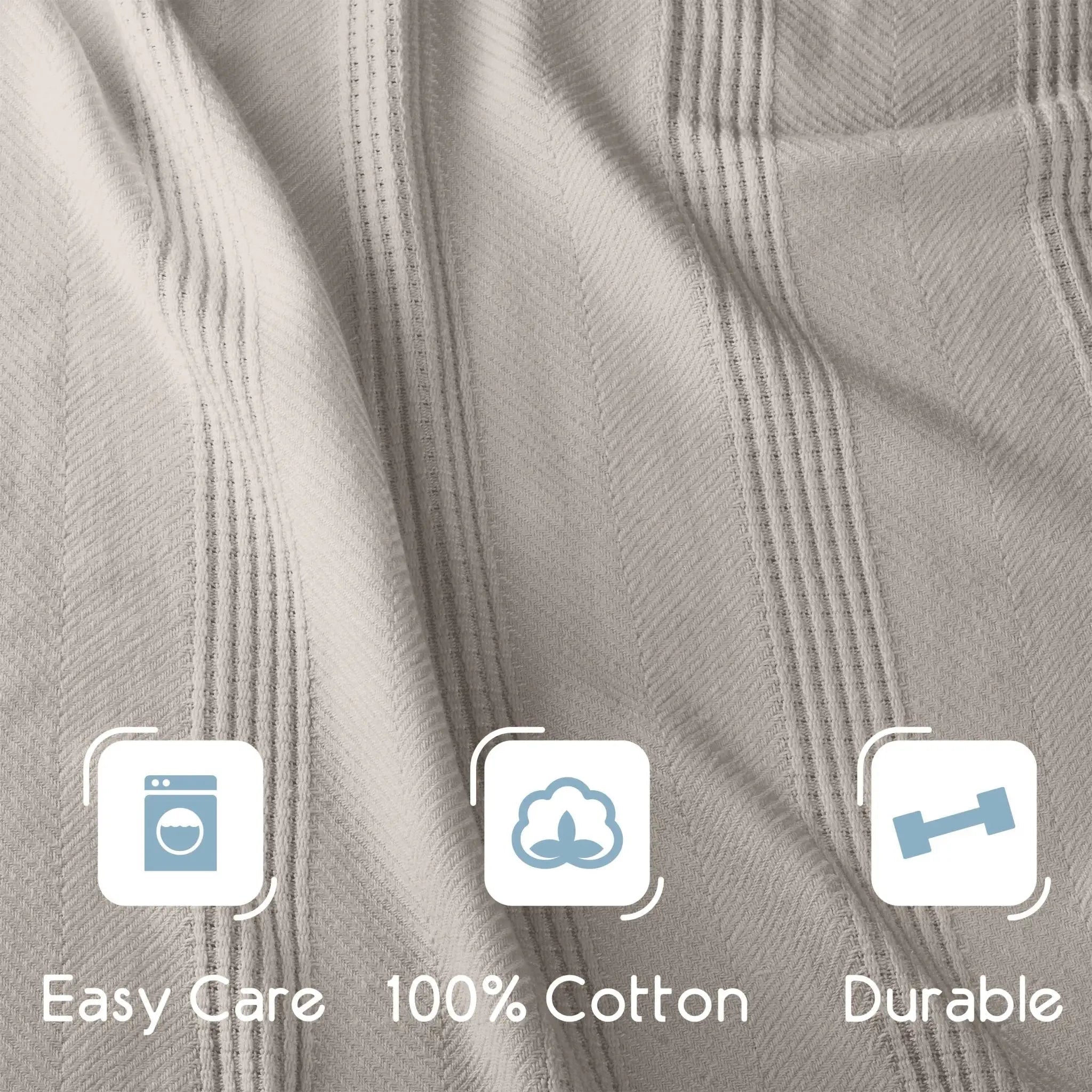 Close-up of a mink textured fabric with vertical ribbed stitching, featuring three white informational icons and text reading 'Easy Care', '100% Cotton', and 'Durable'.