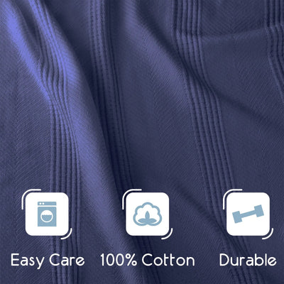 Close-up of a navy textured fabric with vertical ribbed stitching and three feature icons reading Easy Care, 100% Cotton, and Durable.