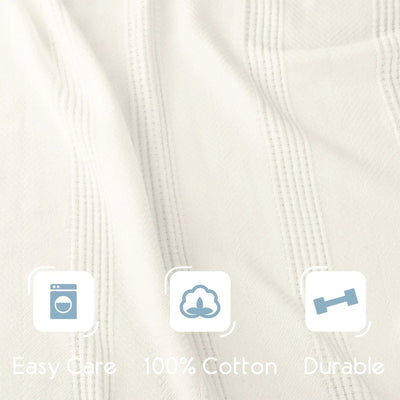 Close-up of an ivory textured blanket, featuring three blue icon graphics and text overlays reading 'Easy Care', '100% Cotton', and 'Durable'.