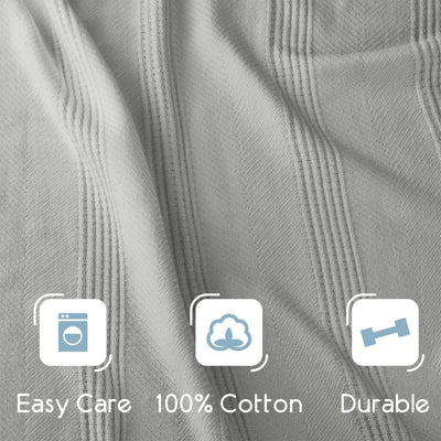 Close-up of gray blanket fabric with icons and text indicating 'Easy Care', '100% Cotton', and 'Durable'.
