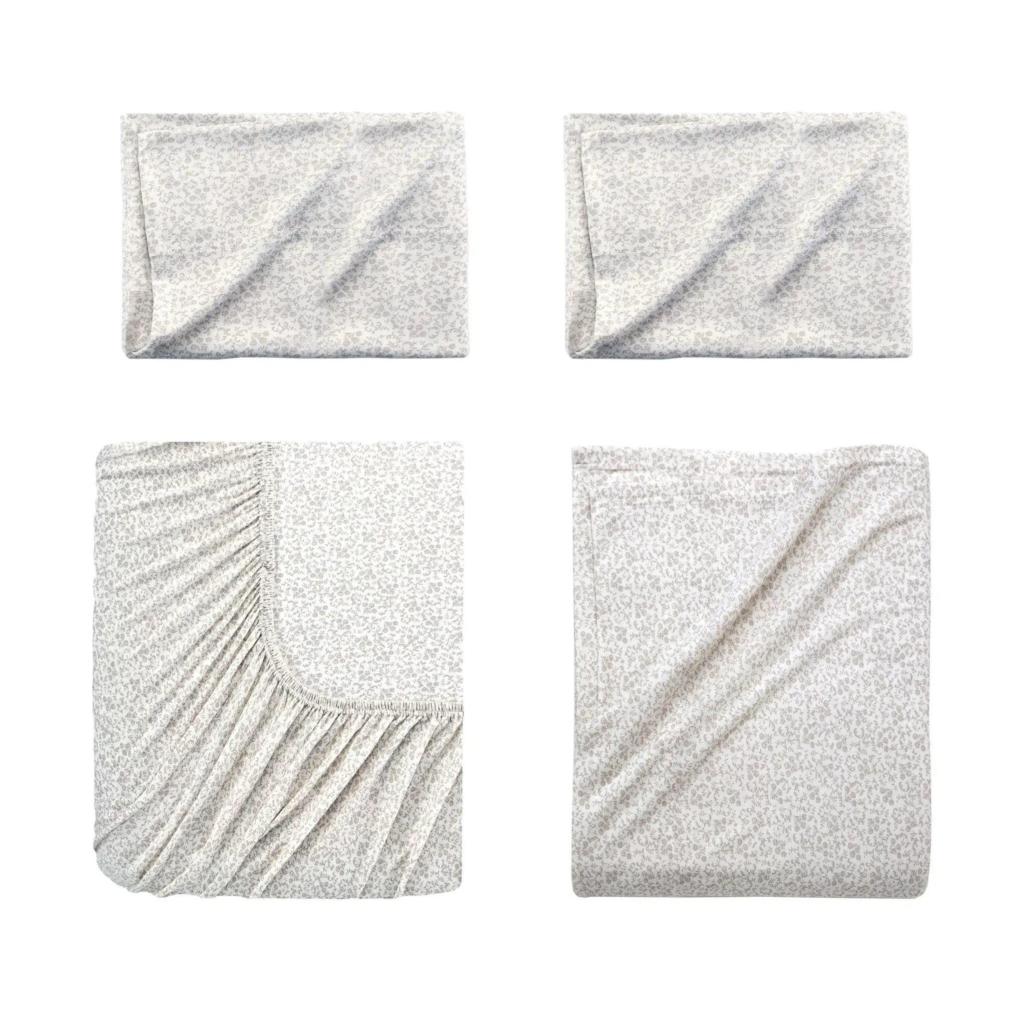 Set of four gray fitted sheets displayed on a white background