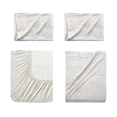 Set of four gray fitted sheets displayed on a white background