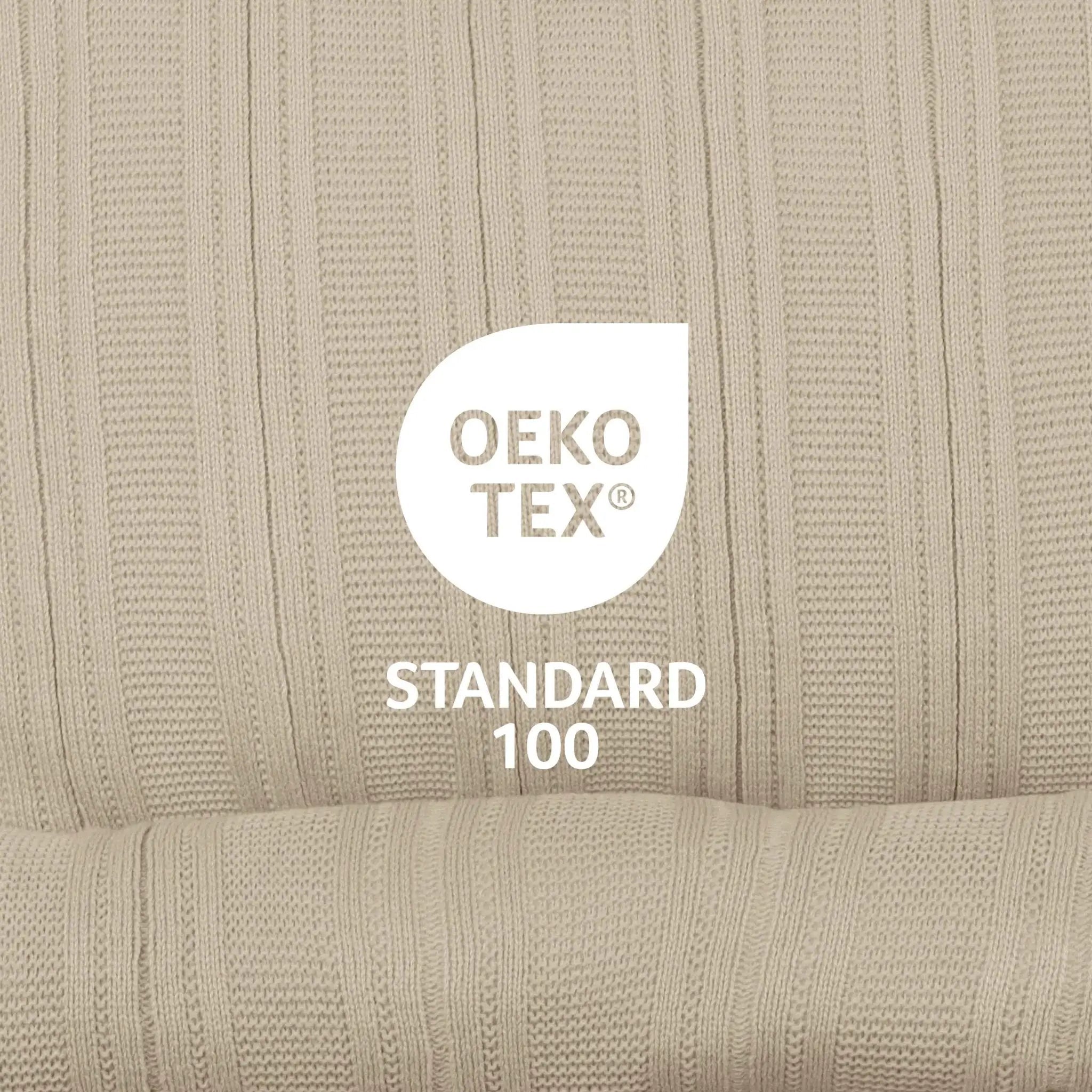 Beige textured fabric with OEKO-TEX Standard 100 logo