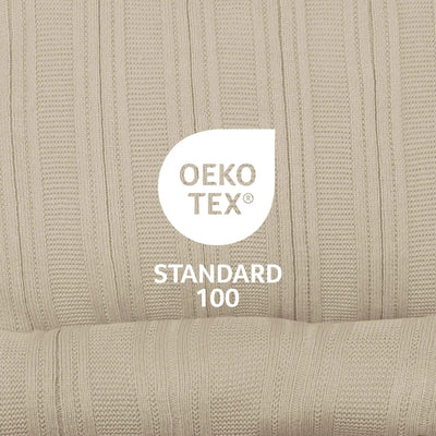 Beige textured fabric with OEKO-TEX Standard 100 logo