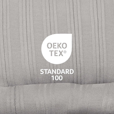 Close-up of a ribbed grey fabric texture with a white OEKO-TEX Standard 100 certification logo in the center.