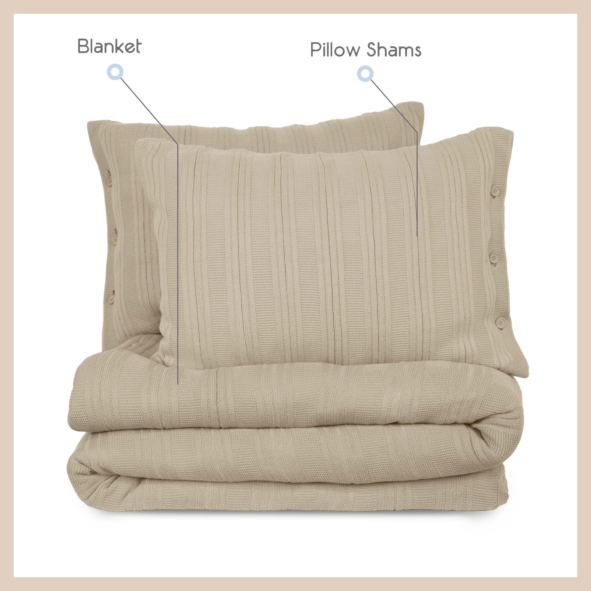 Beige blanket and two pillow shams on a beige background.
