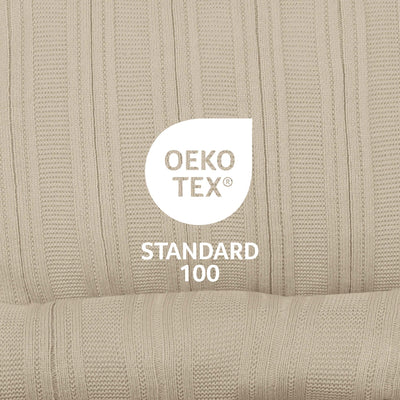 Textured fabric background with OEKO-TEX Standard 100 logo