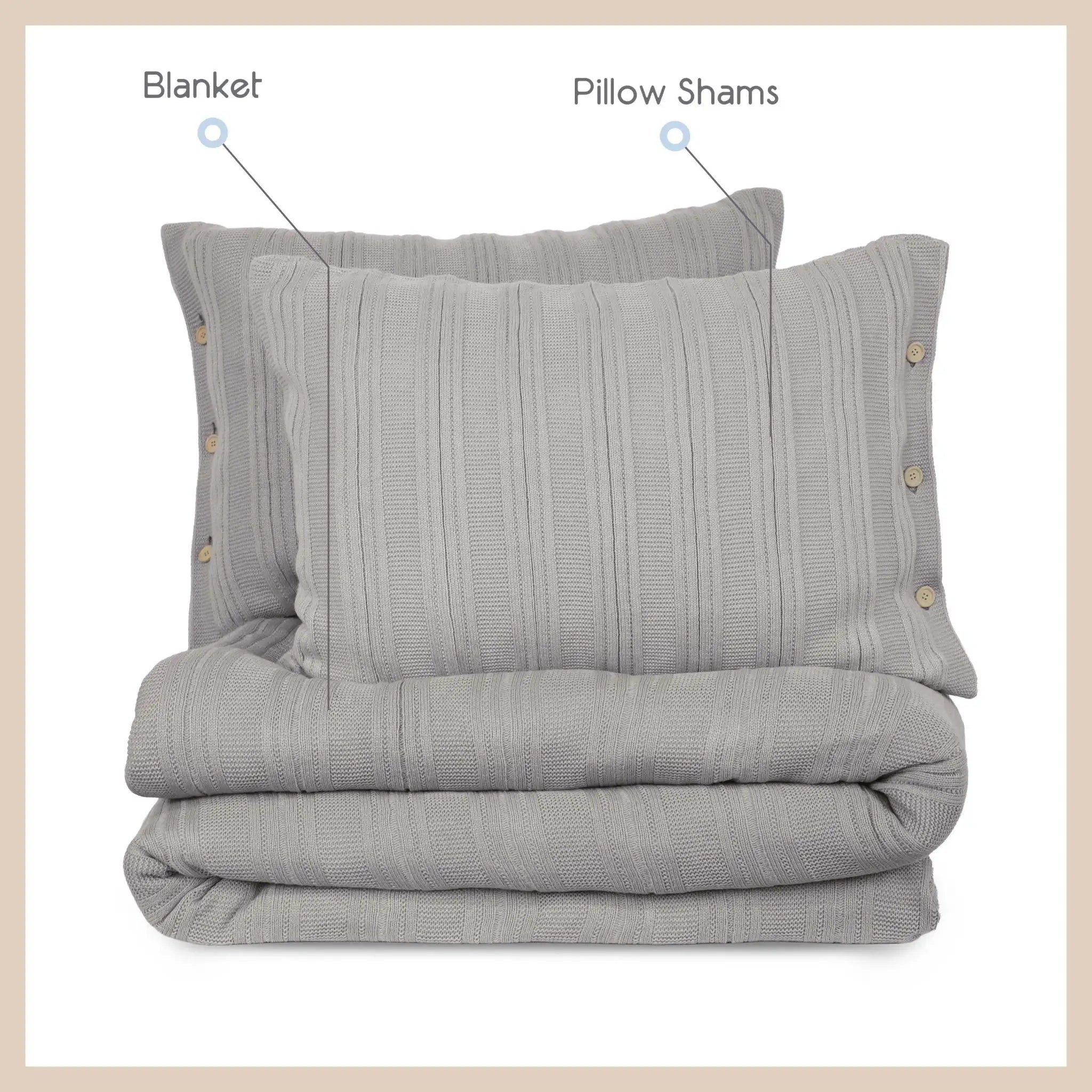 Gray textured bedding set with blanket and pillow shams on a beige background