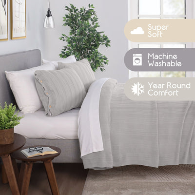 Bedroom with gray blanket, pillows, and a plant, featuring text on comfort and care.
