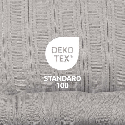 Gray textured fabric with OEKO-TEX Standard 100 logo