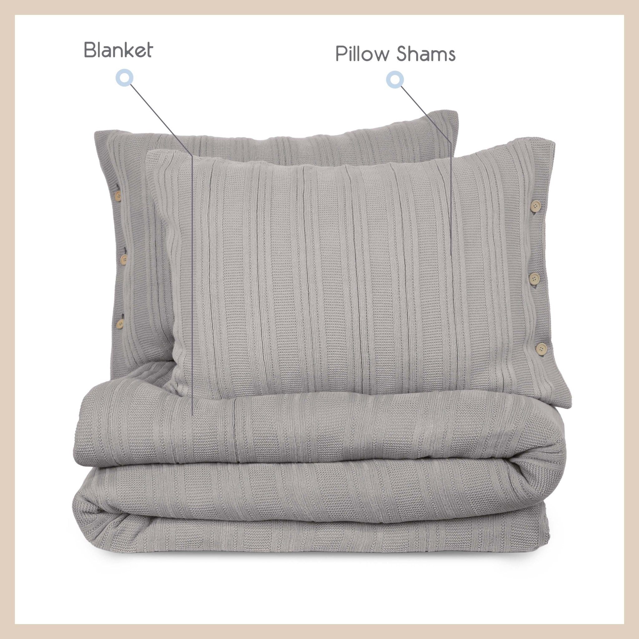 Gray textured bedding set with blanket and pillow shams on a beige background
