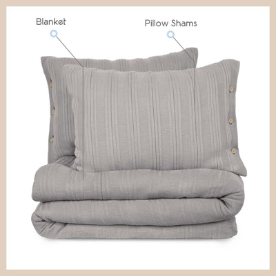 Gray textured bedding set with blanket and pillow shams on a beige background