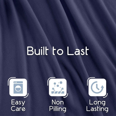 Dark navy blue fabric background with white text reading 'Built to Last' and three feature icons below for 'Easy Care', 'Non Pilling', and 'Long Lasting'.