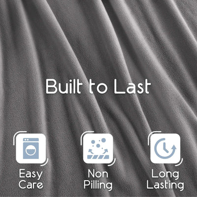 Tornado gray blanket fabric with 'Built to Last' text and icons indicating easy care, non-pilling, and long-lasting properties.