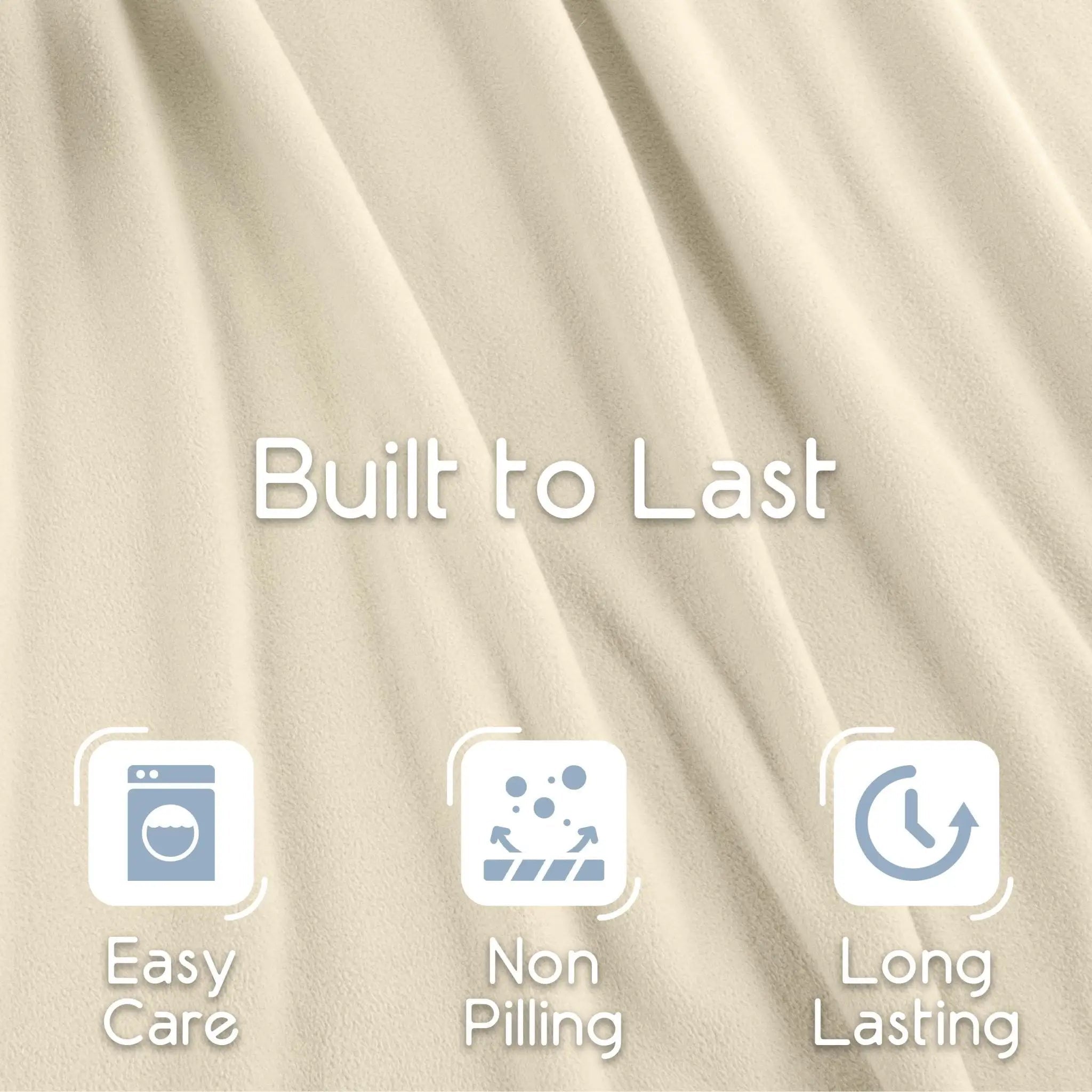 Close-up of a soft Winter white fabric with draped folds and the text 'Built to Last' overlaid, plus three feature icons reading 'Easy Care,' 'Non Pilling,' and 'Long Lasting.'.