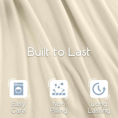 Close-up of a soft Winter white fabric with draped folds and the text 'Built to Last' overlaid, plus three feature icons reading 'Easy Care,' 'Non Pilling,' and 'Long Lasting.'.
