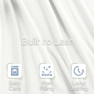 Star white blanket textured fabric background with the text 'Built to Last' and three feature icons reading 'Easy Care,' 'Non Pilling,' and 'Long Lasting.'.