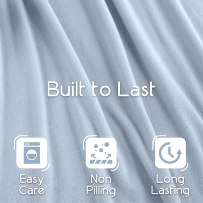 Text 'Built to Last' with icons and descriptions on a light blue blanket fabric background
