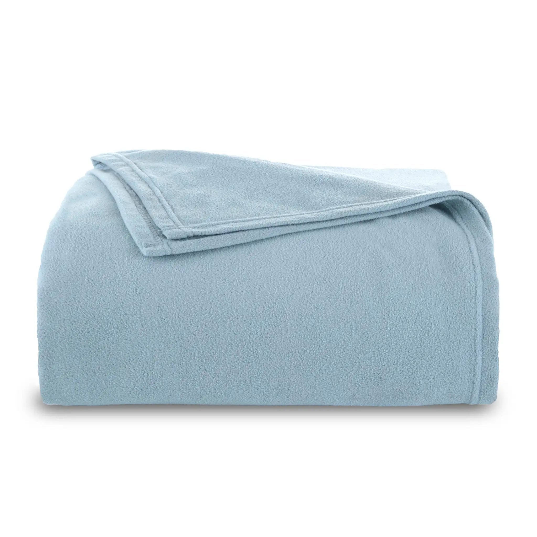 A folded light blue fleece blanket with a soft, plush texture, presented on a clean white background.