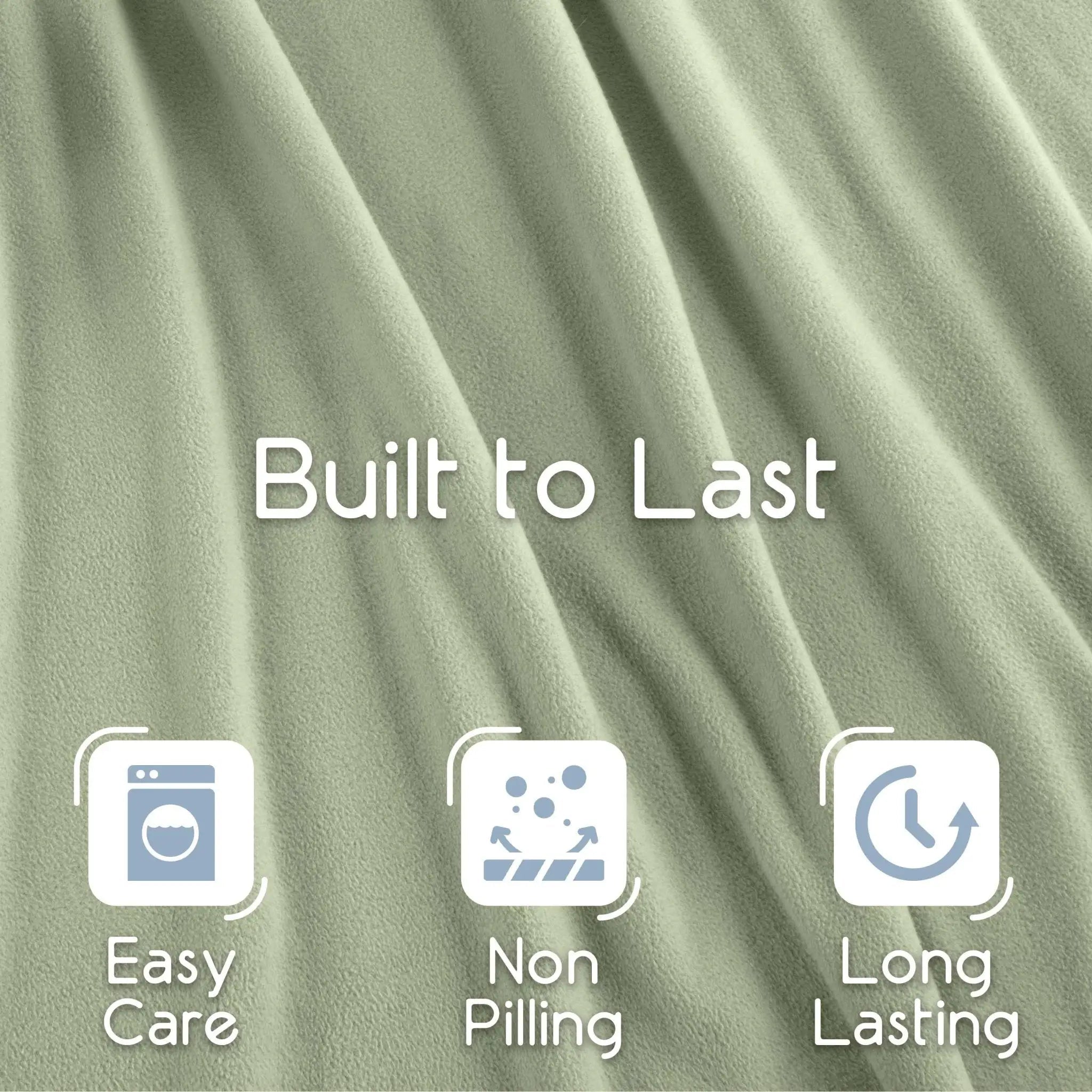 Sage blanket fabric with 'Built to Last' text and icons for easy care, non-pilling, and long-lasting properties.