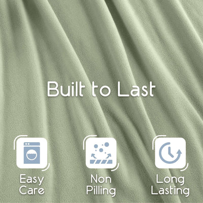 Sage blanket fabric with 'Built to Last' text and icons for easy care, non-pilling, and long-lasting properties.