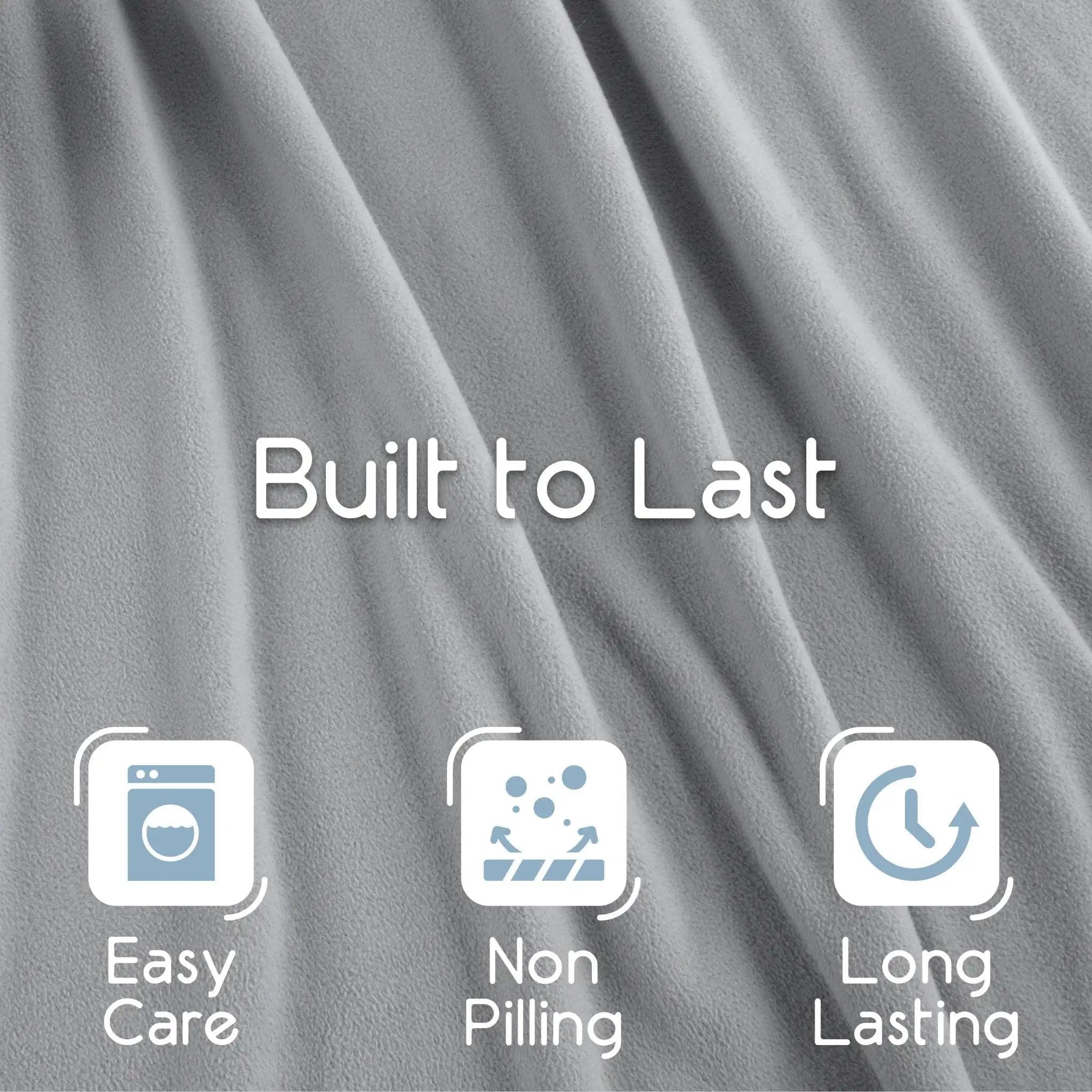 Gray fabric background with draped folds and the text 'Built to Last' plus three feature icons reading 'Easy Care,' 'Non Pilling,' and 'Long Lasting.'.