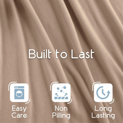Nutmeg blanket fabric with 'Built to Last' text and icons for easy care, non-pilling, and long-lasting quality.