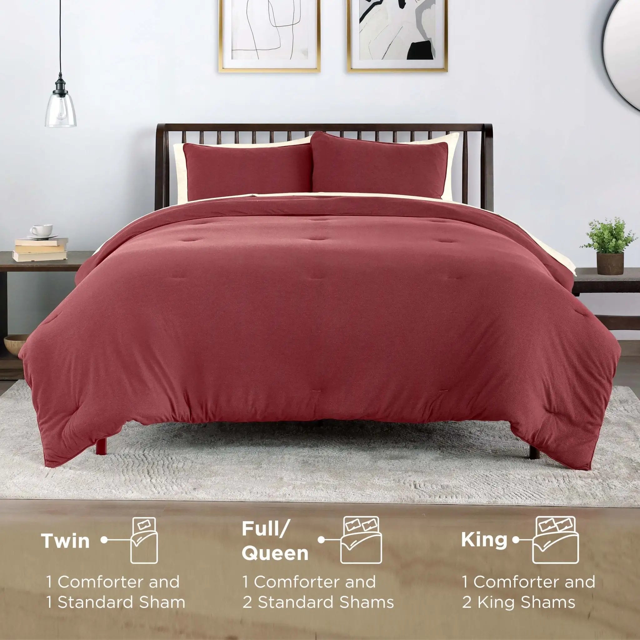 A bed in a red comforter set with matching pillow shams. The bottom of the image features size guides indicating the sheet configuration for Twin, Full/Queen, and King sizes.