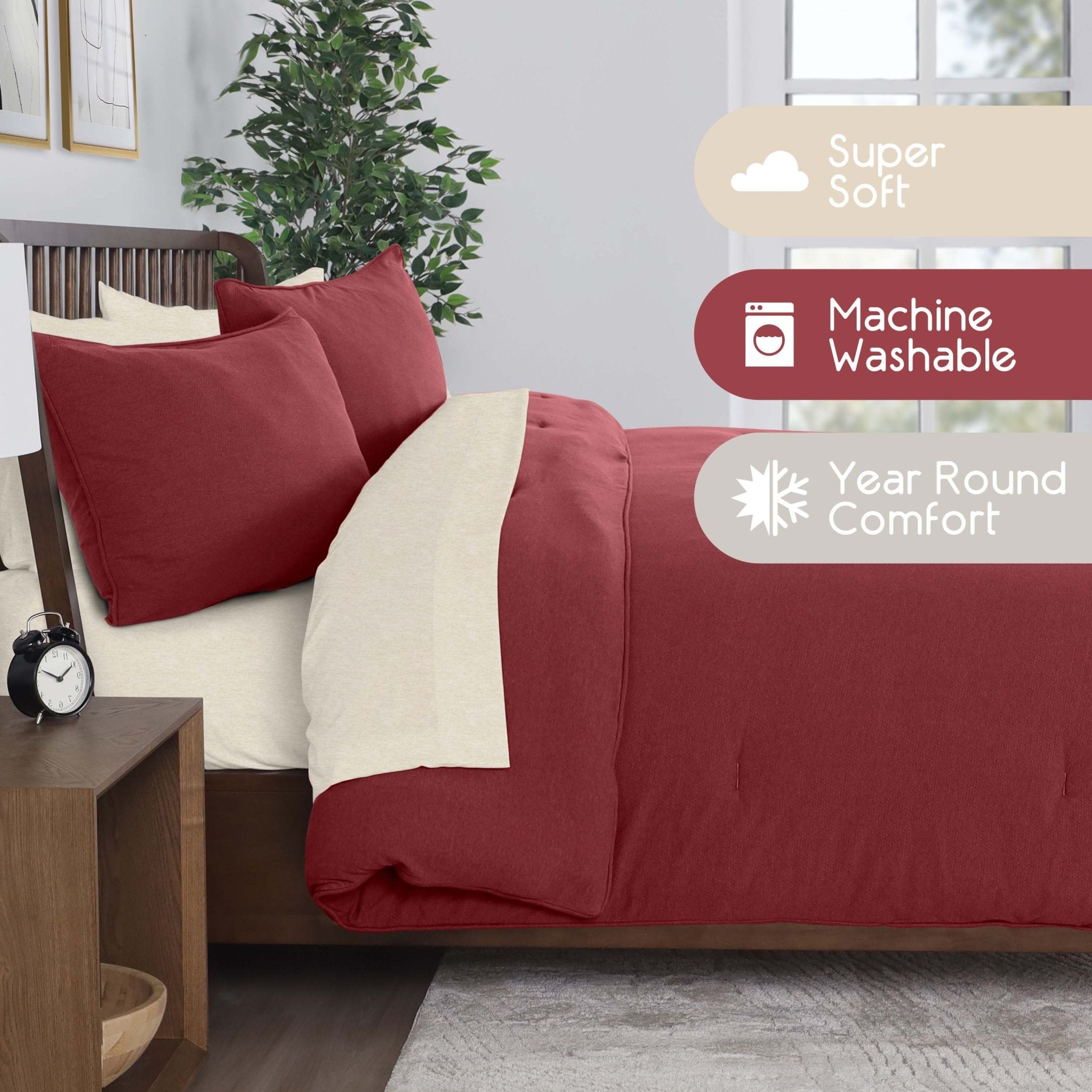 Red and beige bedding set on a bed with 'Super Soft', 'Machine Washable', and 'Year Round Comfort' text overlay.