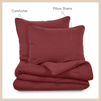 Red bedding set with comforter and pillow shams on a beige background
