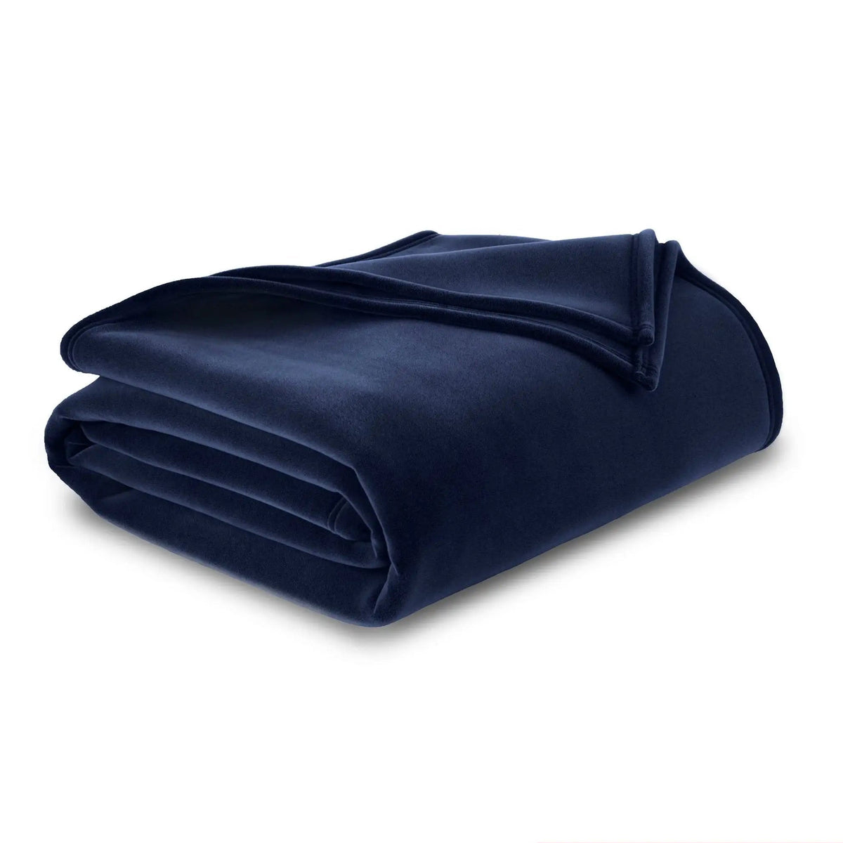 A folded navy blanket with a soft, shown on a clean white background.