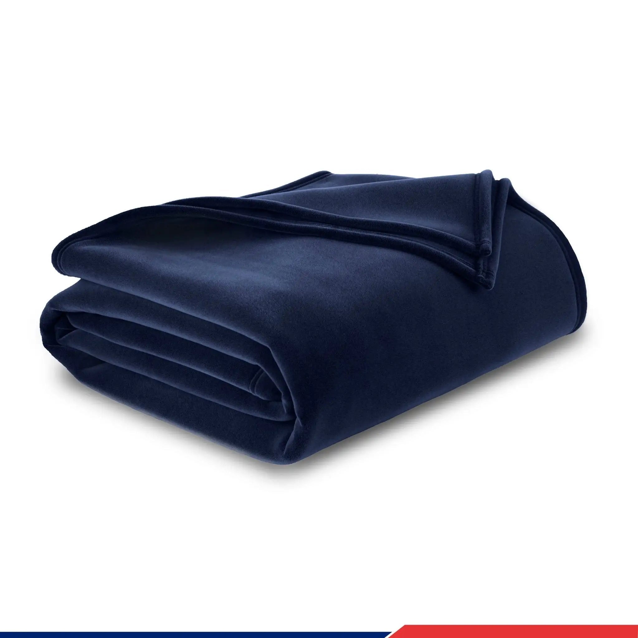 A folded navy blanket with a soft, shown on a clean white background.